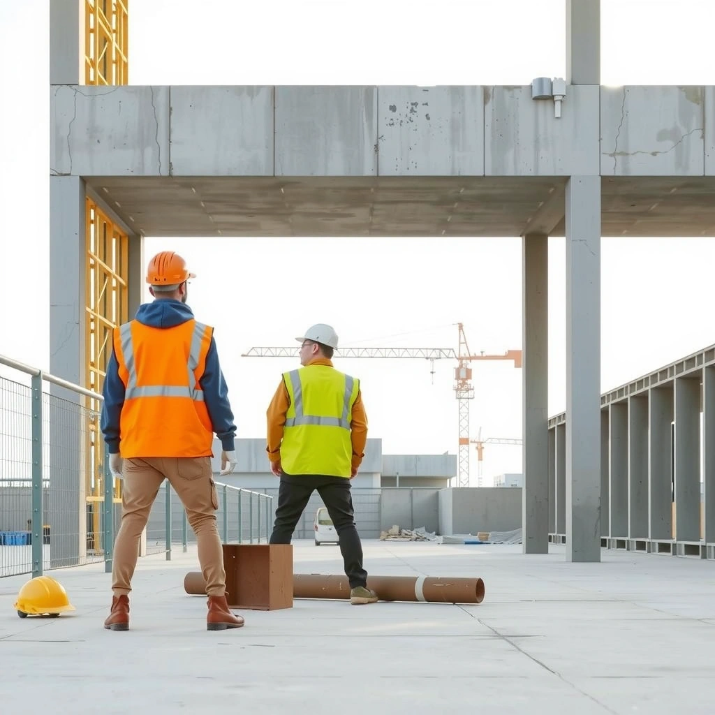 Construction team at work on modern building