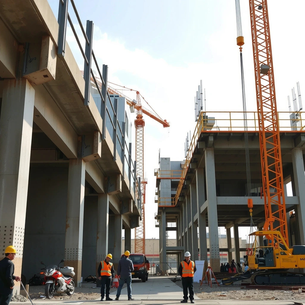 Modern construction site with cranes and workers