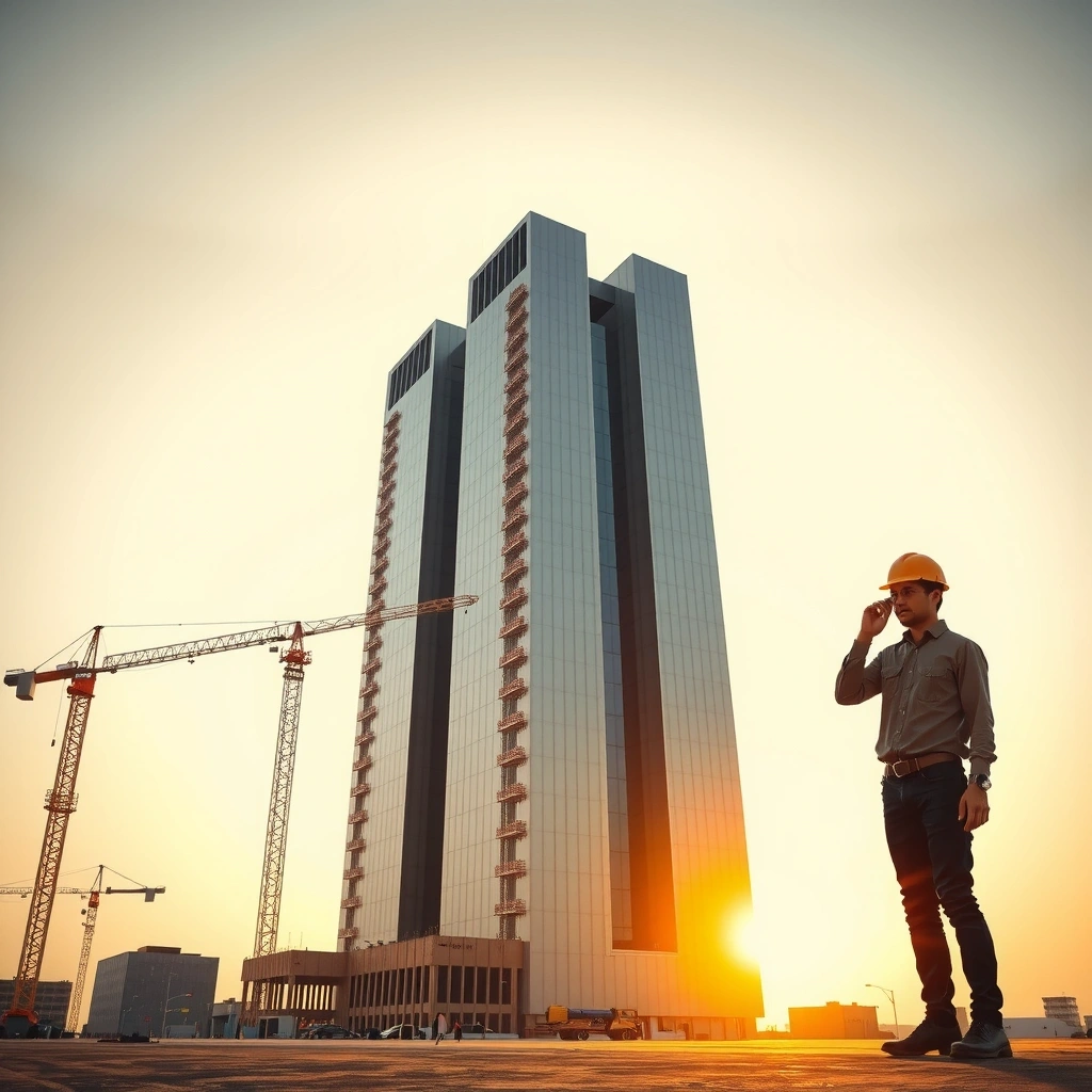 Professional construction site with modern building under development