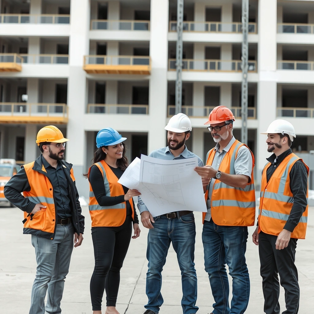 Professional construction team working together on site